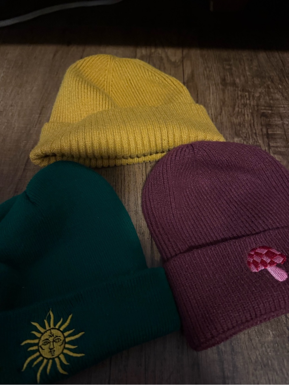 Yellow, Green with embroidered sun & burgundy Knit Beanie Set - Cozy Winter Hats